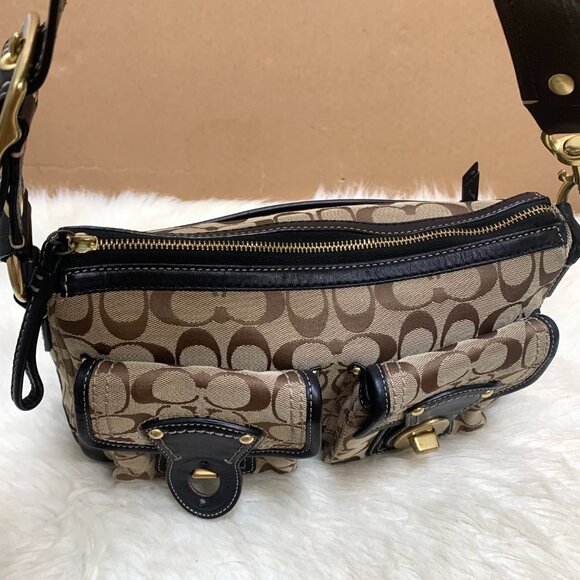 COACH Legacy Turnlock Khaki/Black Shoulder Bag Signature Hobo F12869 - Picture 8 of 14